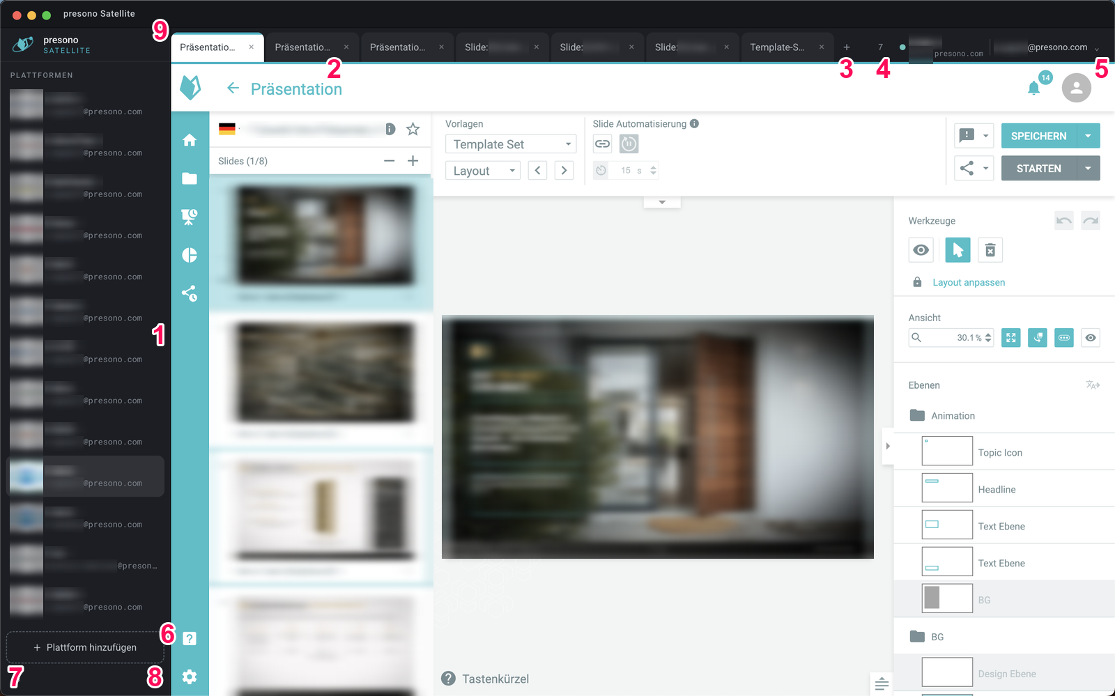presono Satellite: platform sidebar on the left, tabs on top, platform block right