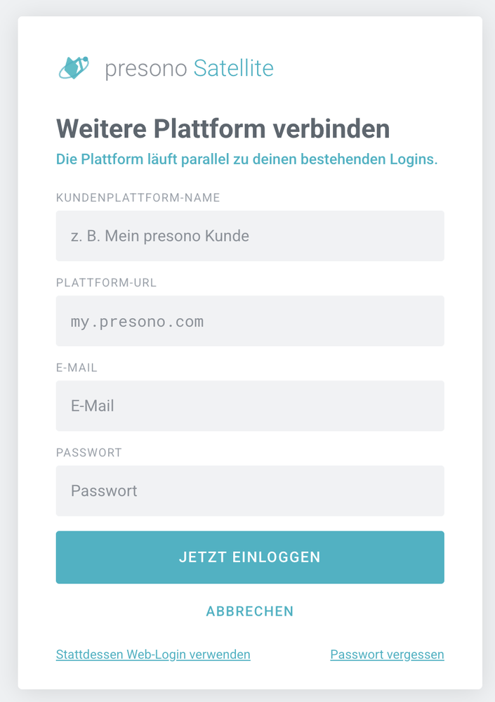 „Connect another platform“ dialog with name, URL, email and password
