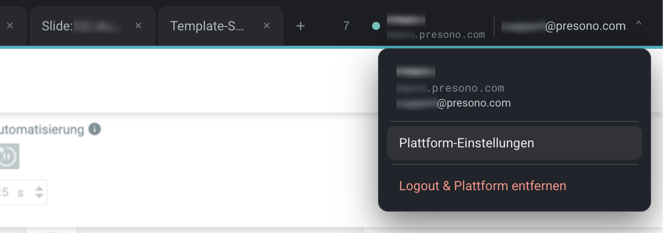 Platform menu with platform settings and log out